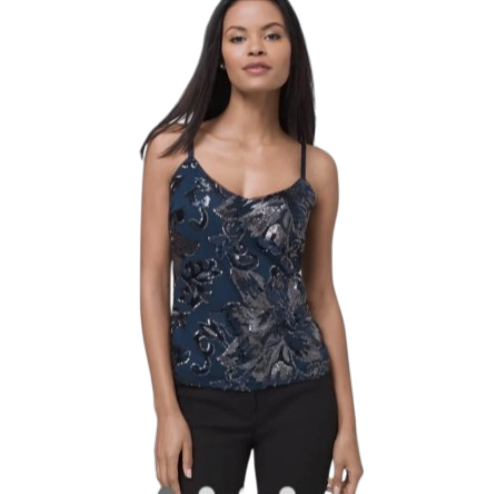WHBM White House Black Market Sequin Floral Cami Tank Top Navy Silver L 8-12